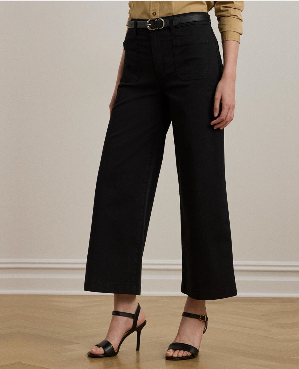 LAUREN RALPH LAUREN Womens Wide Leg Cropped Pants Size 2 Black Stretch Chino NWT